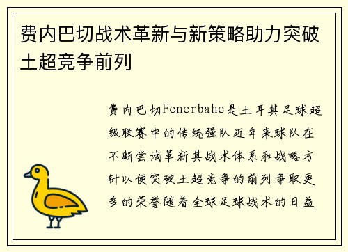 费内巴切战术革新与新策略助力突破土超竞争前列