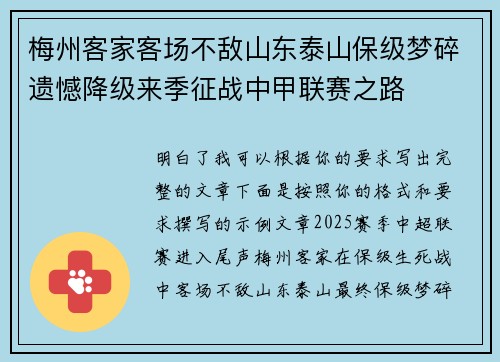 梅州客家客场不敌山东泰山保级梦碎遗憾降级来季征战中甲联赛之路